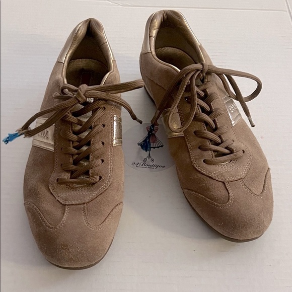 Prada Brown Suede Sneakers with Gold Accents - Picture 3 of 11